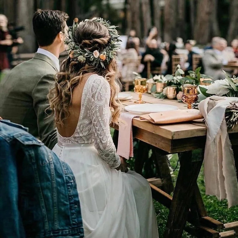 Boho Wedding Dress | Backless Long Sleeve A-Line Lace Chiffon Beach Bridal Gown | Rustic Robe de Mariage - HER SHOP