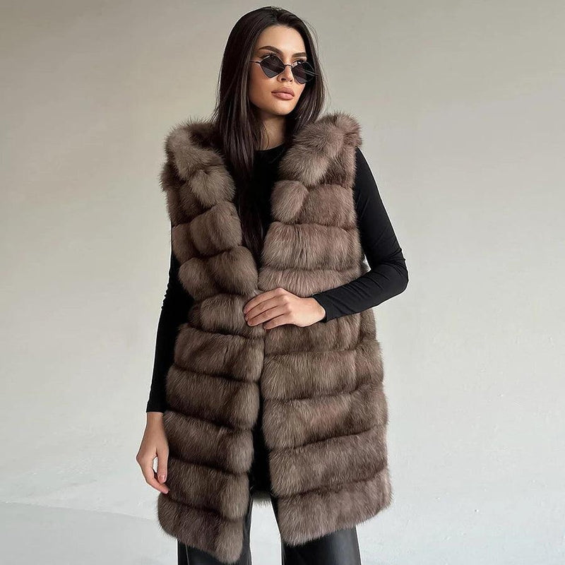 2024 Women's Luxury Fox Fur Vest â€“ Mid-Long Waistcoat J...