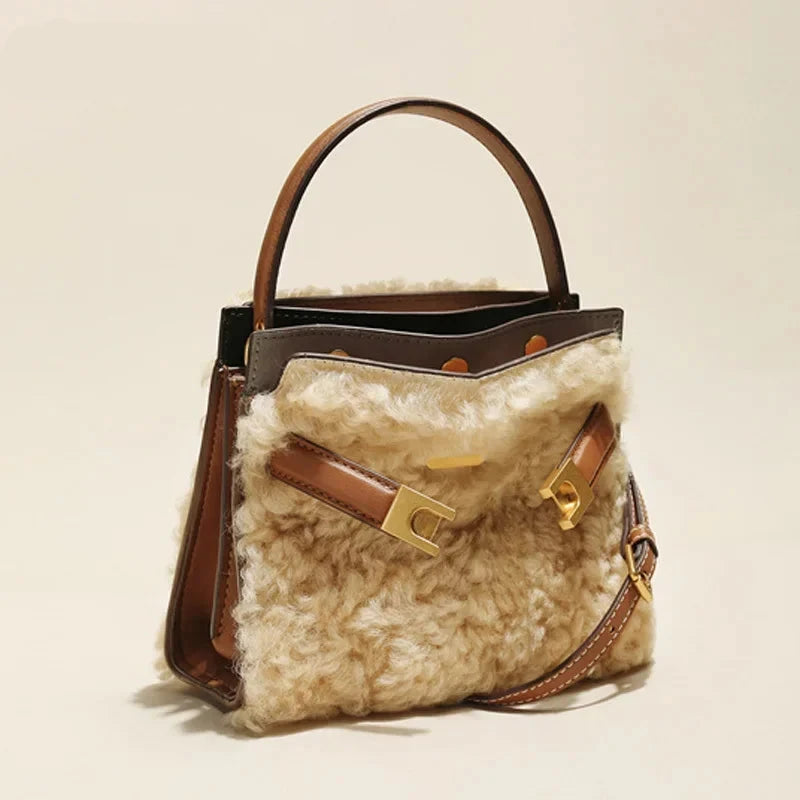 2025 Winter Fashion Women's Handbag – Fluffy Wool Fur Lambswool Tote with Real Leather Flap, Small Shoulder Bag in Khaki