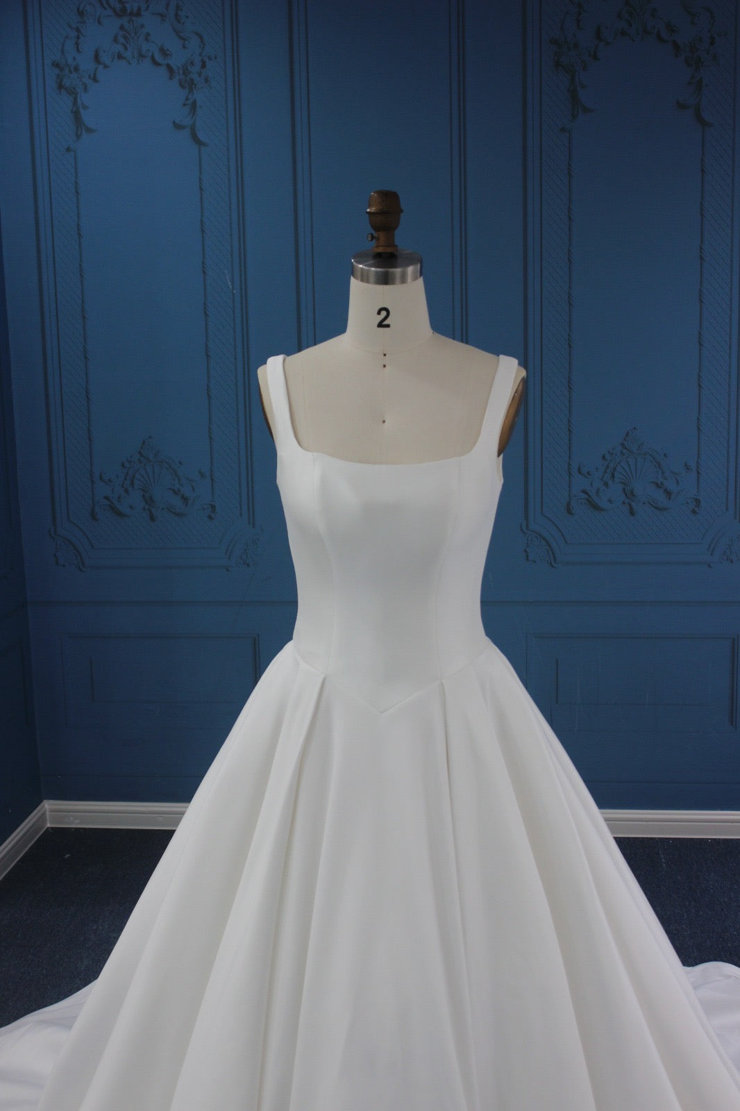 Custom Square-Neck A-Line Wedding Dress with Button Back and Court Train
