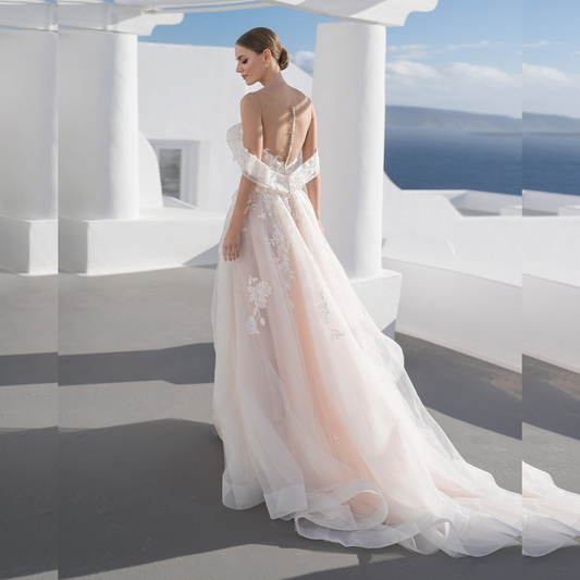 Boho V Neck Appliques Lace A Line Tulle Wedding Gown - HER SHOP