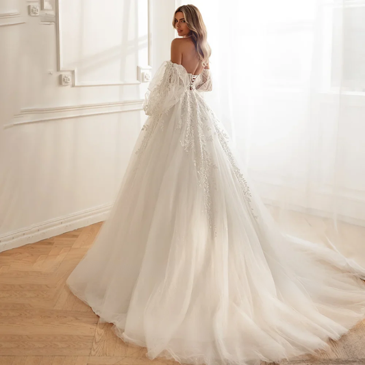 Custom Glitter Tulle Boho Wedding Dress with Puff Sleeves and 3D Lace Flowers – Off-Shoulder Bridal Gown - HER SHOP