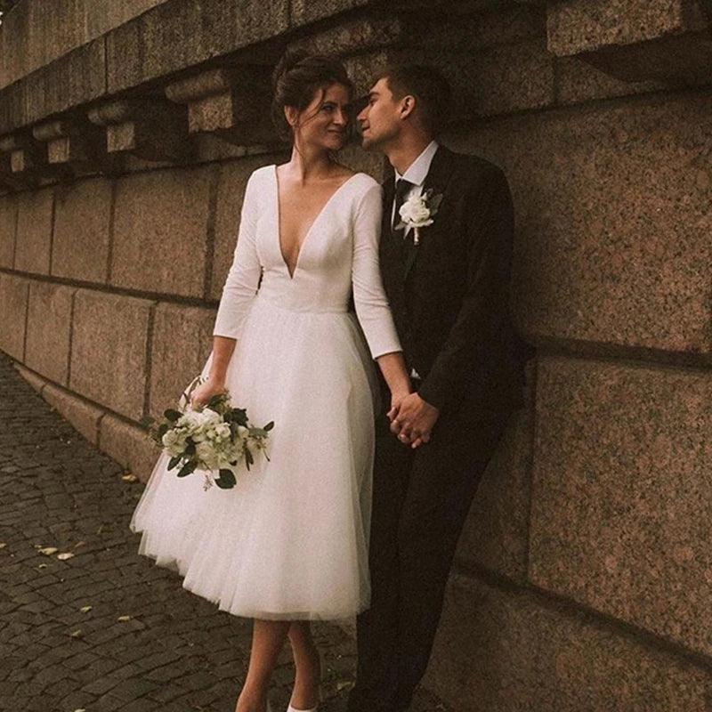 A-Line Short Wedding Dress 2024 – White Ivory Satin & Tulle Bridal Gown for Wedding or Party - HER SHOP