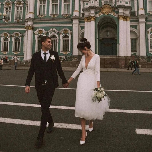 A-Line Short Wedding Dress 2024 – White Ivory Satin & Tulle Bridal Gown for Wedding or Party - HER SHOP