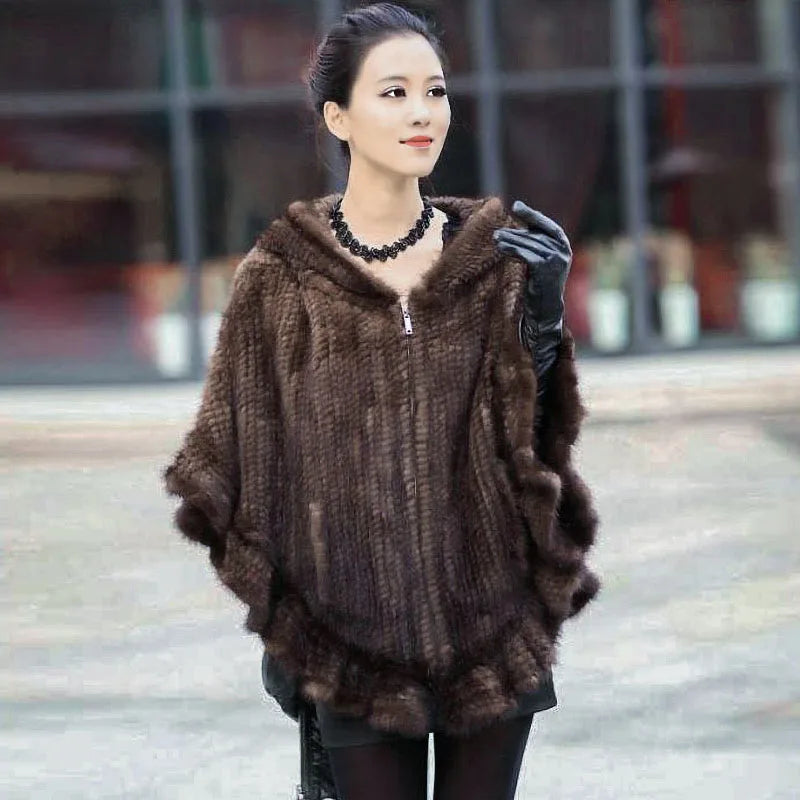 Fashion Women Fur Shawl Winter Knitted Real Mink Fur Stole With Fur Hood Knitted Mink Poncho Pashmina - HER SHOP
