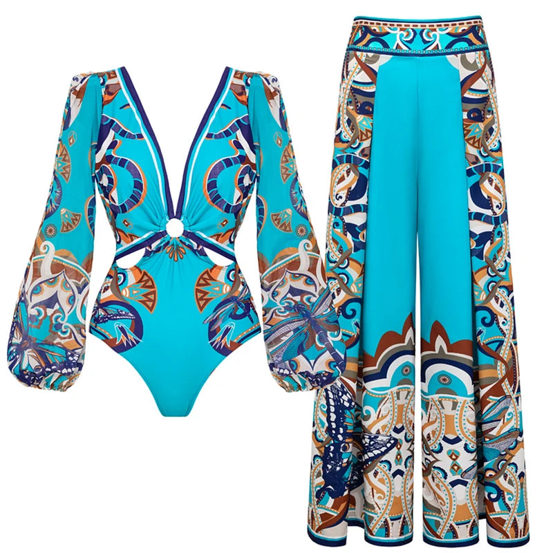Jungle Green Deep V One-Piece Swimsuit with Skirt