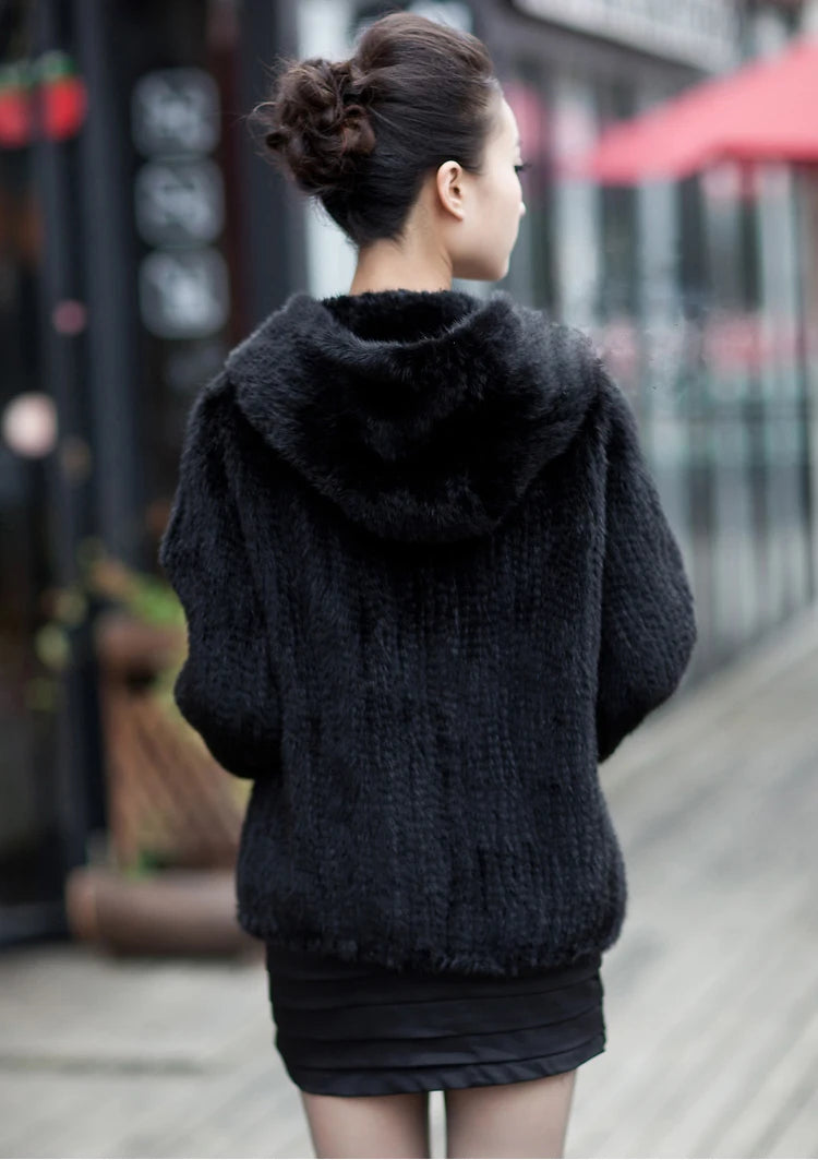 Women’s Luxury Real Knitted Mink Fur Jacket with Hood – Zipper Front Winter Coat (Plus Size)