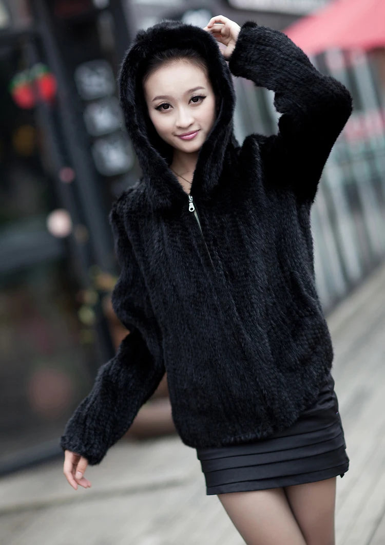 Women’s Luxury Real Knitted Mink Fur Jacket with Hood – Zipper Front Winter Coat (Plus Size)