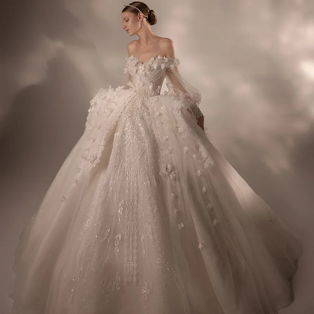 Elegant Off-Shoulder Appliqued Flower Ball Gown Wedding Dress