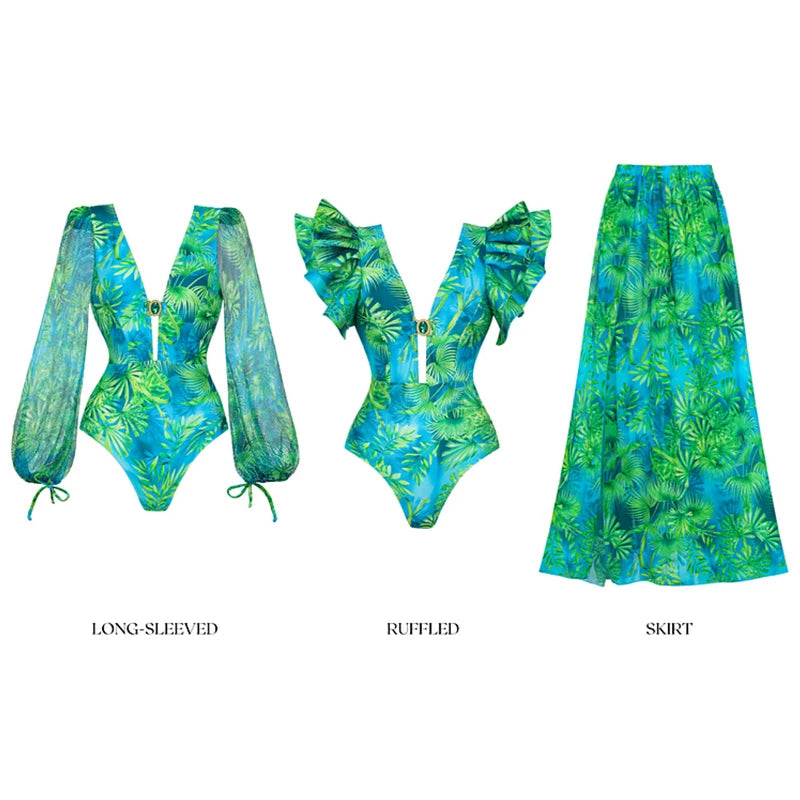 Jungle Green Deep V One-Piece Swimsuit with Skirt