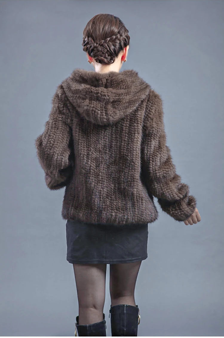 Women’s Luxury Real Knitted Mink Fur Jacket with Hood – Zipper Front Winter Coat (Plus Size)