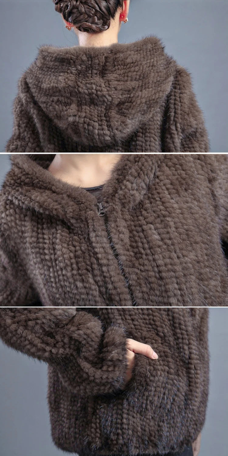 Women’s Luxury Real Knitted Mink Fur Jacket with Hood – Zipper Front Winter Coat (Plus Size)