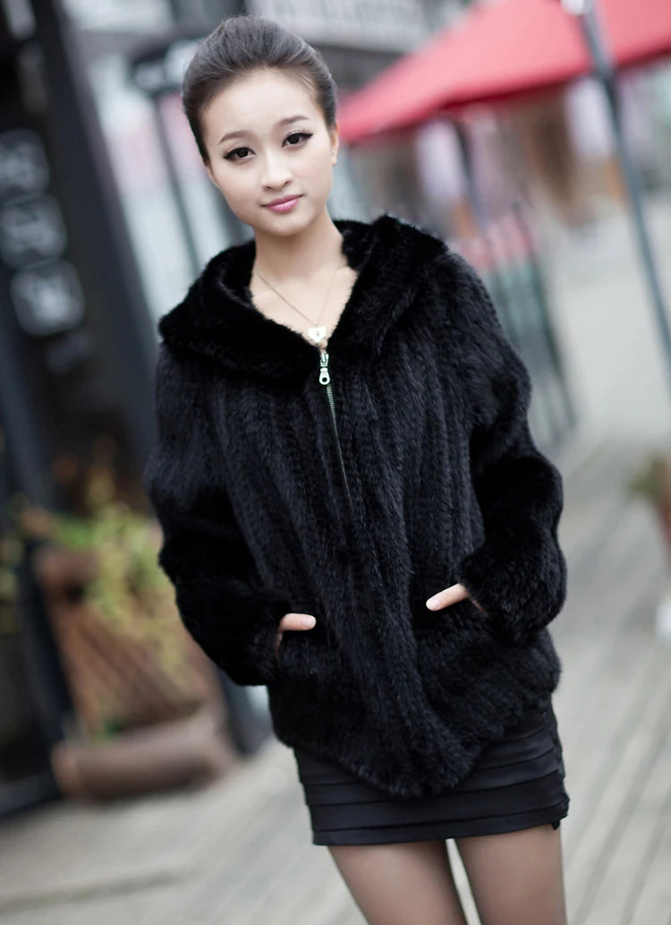 Women’s Luxury Real Knitted Mink Fur Jacket with Hood – Zipper Front Winter Coat (Plus Size)