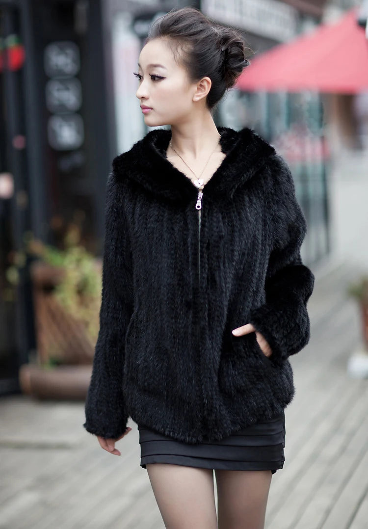 Women’s Luxury Real Knitted Mink Fur Jacket with Hood – Zipper Front Winter Coat (Plus Size)