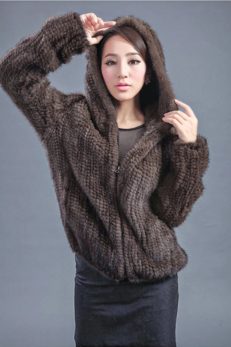 Women’s Luxury Real Knitted Mink Fur Jacket with Hood – Zipper Front Winter Coat (Plus Size)