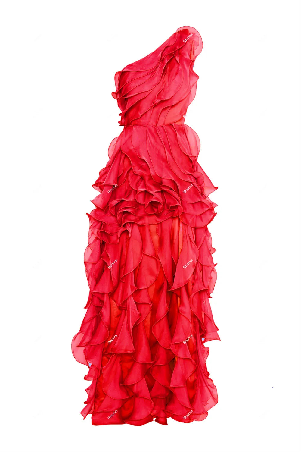 Pink One-Shoulder A-Line Prom Dress with Ruffled Organza, High Side Slit Evening Gown – Customizable