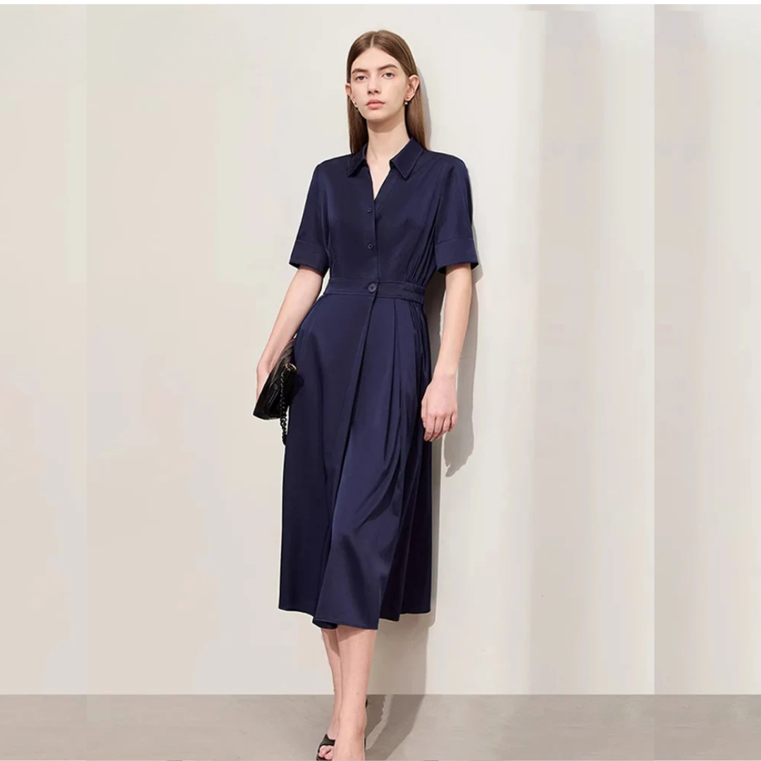 Minimalism Silk Dress for Women – Summer Light Luxury Lapel Half Placket Stretch Long Shirt Dress - HER SHOP