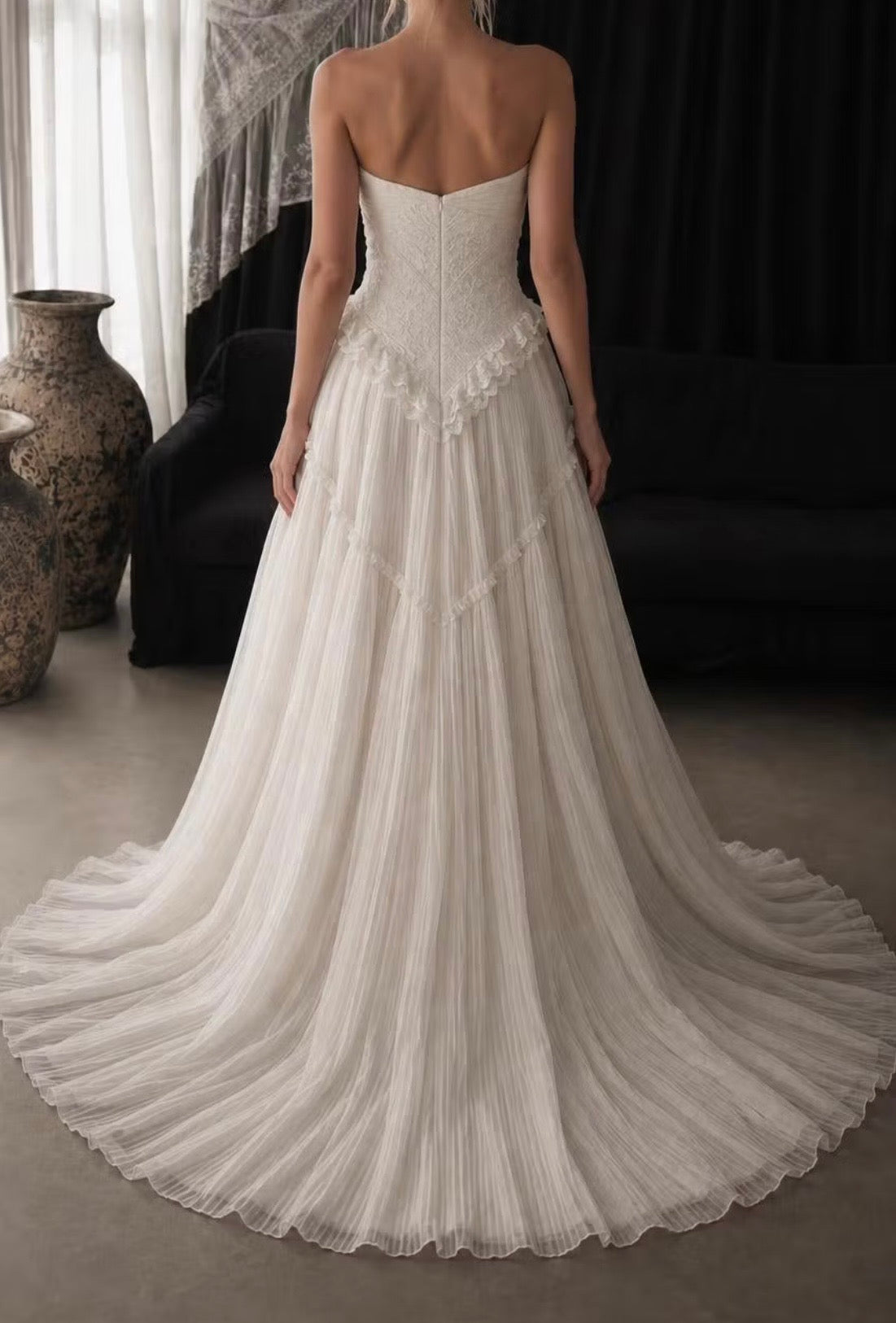 Custom-Made Chiffon Pleated Strapless Wedding Dress with Lace & Sweep Train