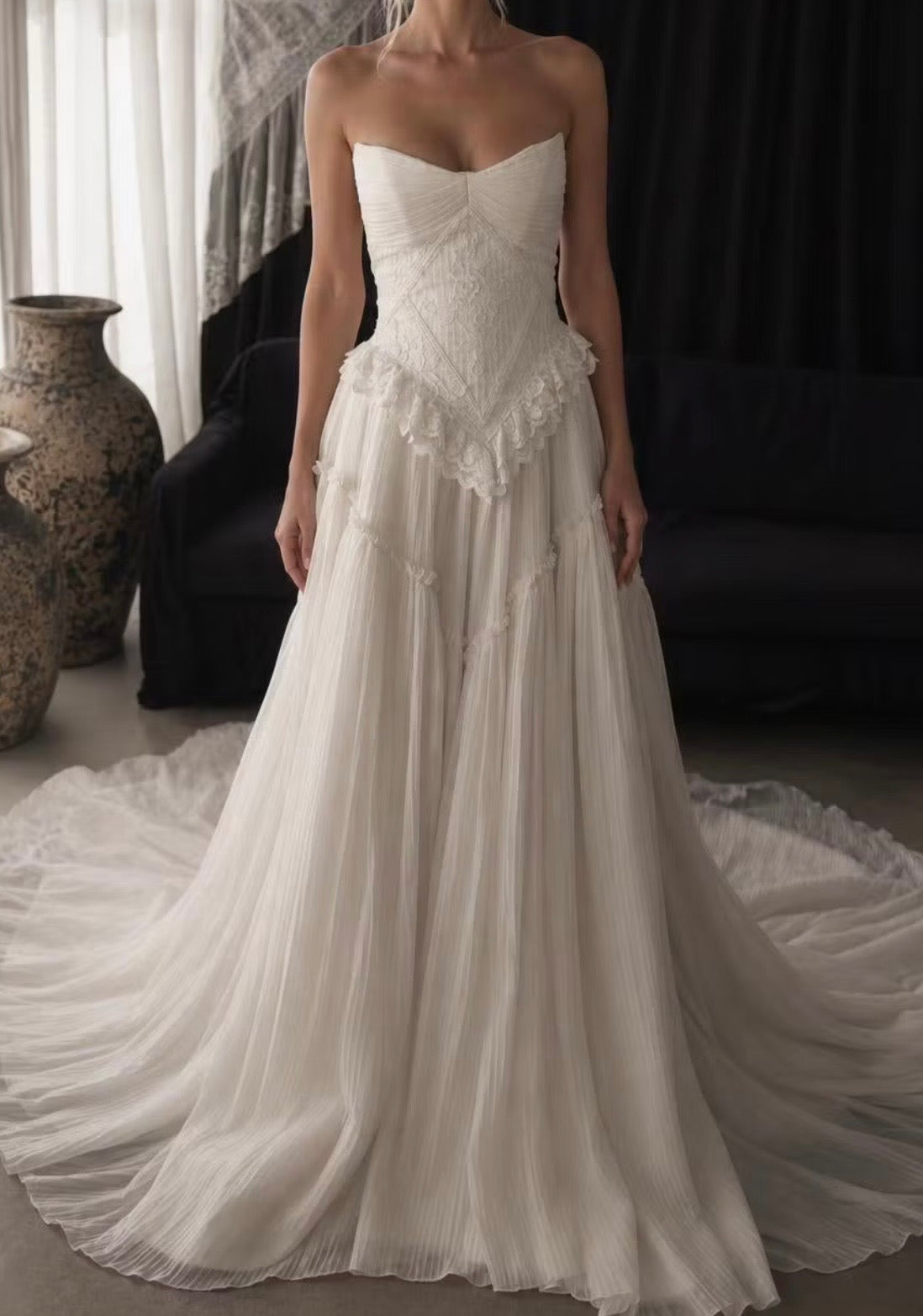 Custom-Made Chiffon Pleated Strapless Wedding Dress with Lace & Sweep Train
