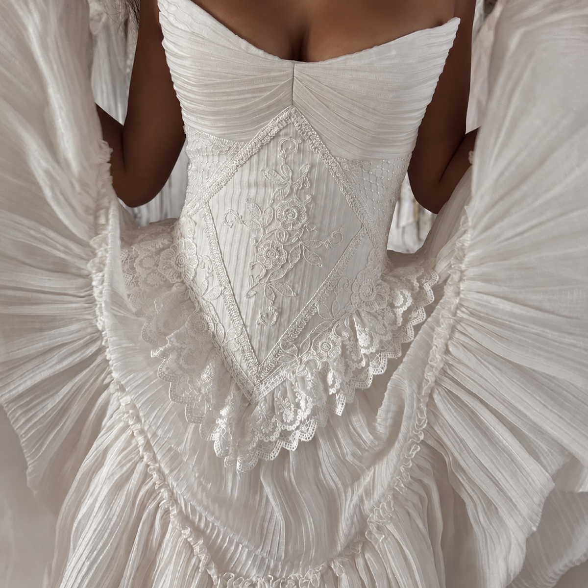 Custom-Made Chiffon Pleated Strapless Wedding Dress with Lace & Sweep Train