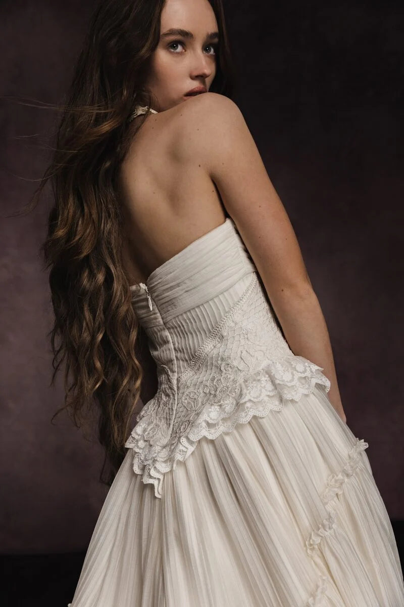 Custom-Made Chiffon Pleated Strapless Wedding Dress with Lace & Sweep Train