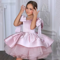 Elegant Satin Flower Girl Dress with Bow – Knee-Length Princess Gown for Weddings, Parties, and Celebrations