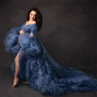 Blue Maternity Dress for Women - V-Neck Full Sleeves, Custom Made Tulle Mesh Gown for Photoshoot, Baby Shower, or Prom