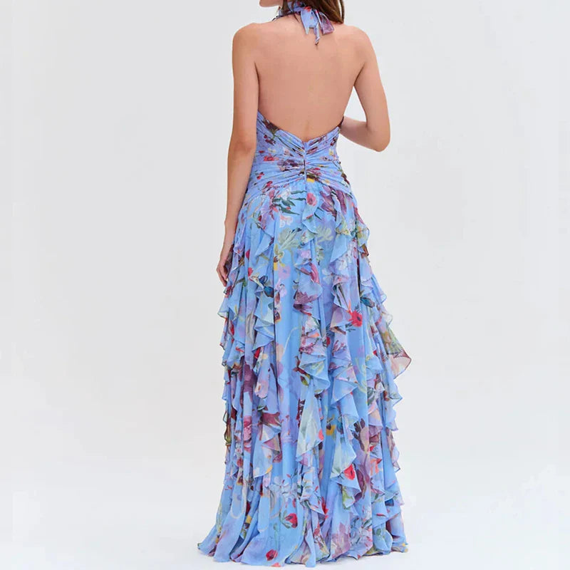 2026 Sexy Halter Floral Maxi Dress  -  Sleeveless Fit & Flare Party Gown with Ruffles