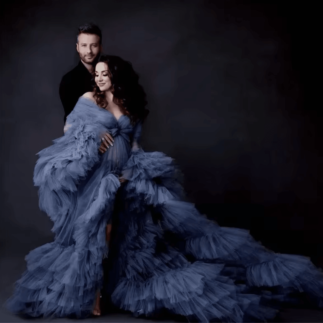Blue Women Maternity Dresses V Neck Full Sleeves Pregnant Gown for Photoshoot Custom Made Tired Tulle Mesh Babyshower Prom Gown - HER SHOP