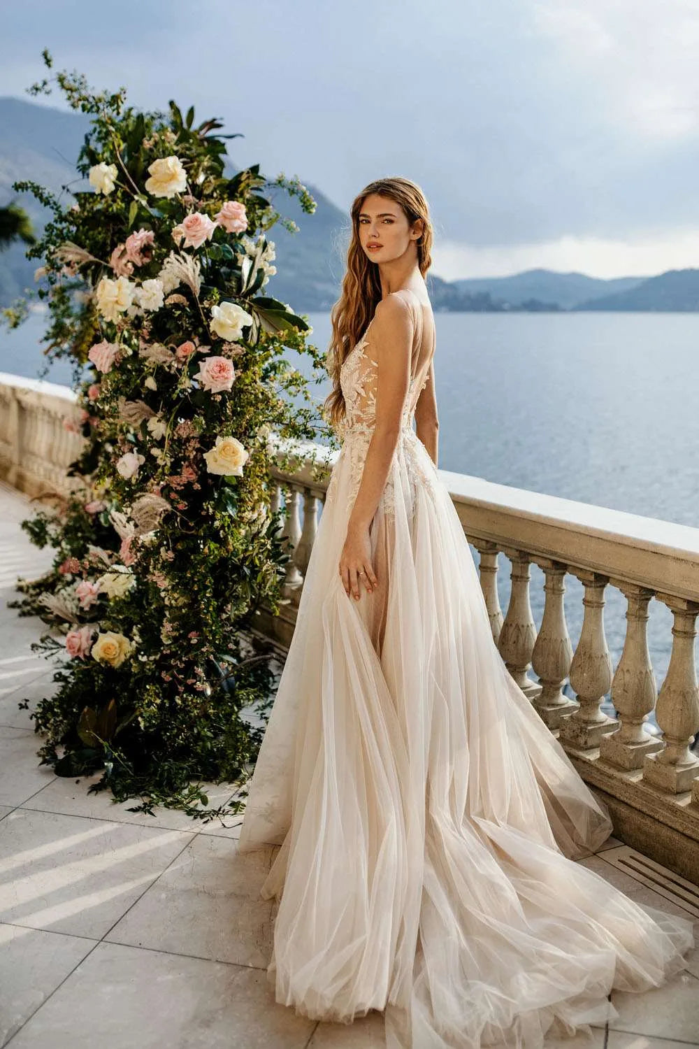 Boho Deep V-Neck A-Line Wedding Dress with Floral Lace Appliqué, Custom Made