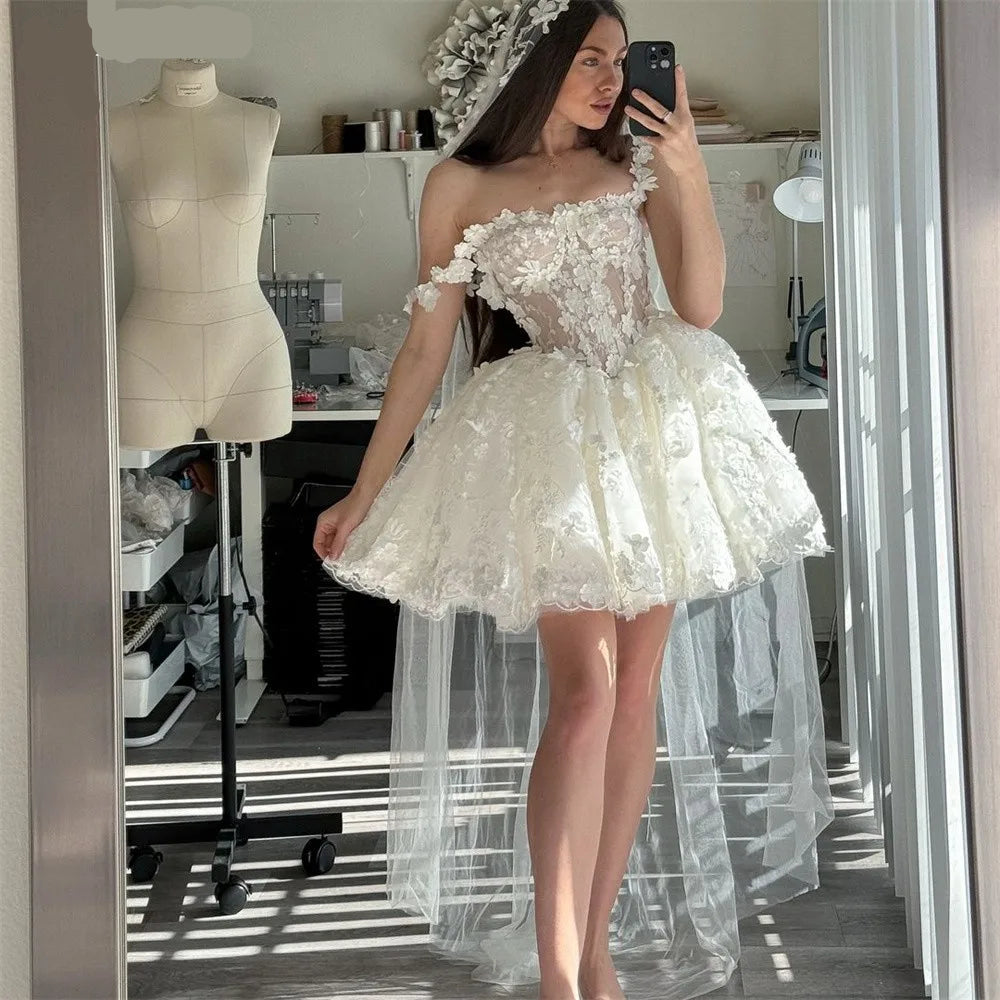 Boho Floral Lace Mini Ball Gown – Custom Short Dress for Prom, Wedding, or Evening with Flower Straps | Vestidos de Fiesta - HER SHOP