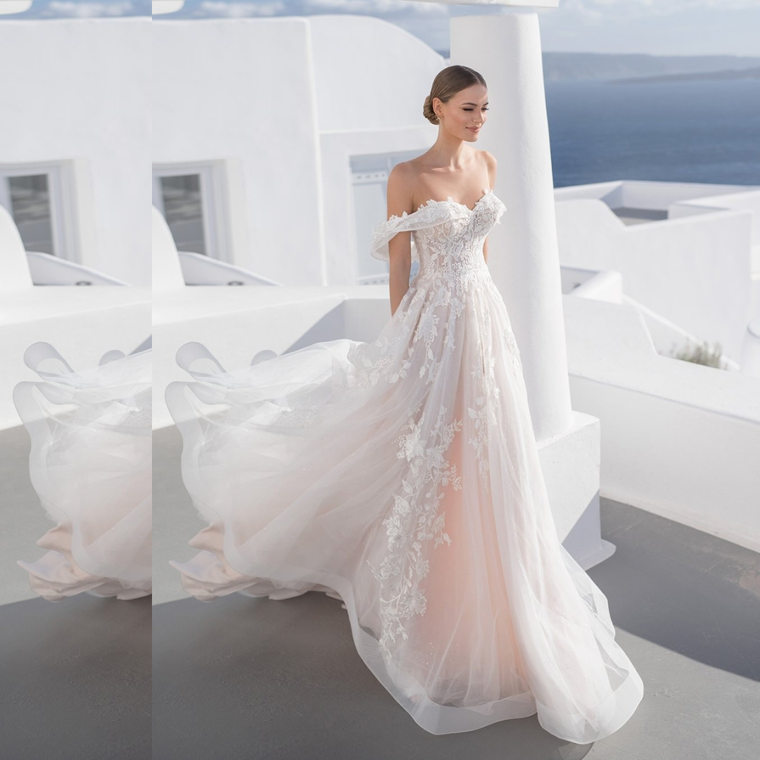 Boho V Neck Appliques Lace A Line Tulle Wedding Gown - HER SHOP