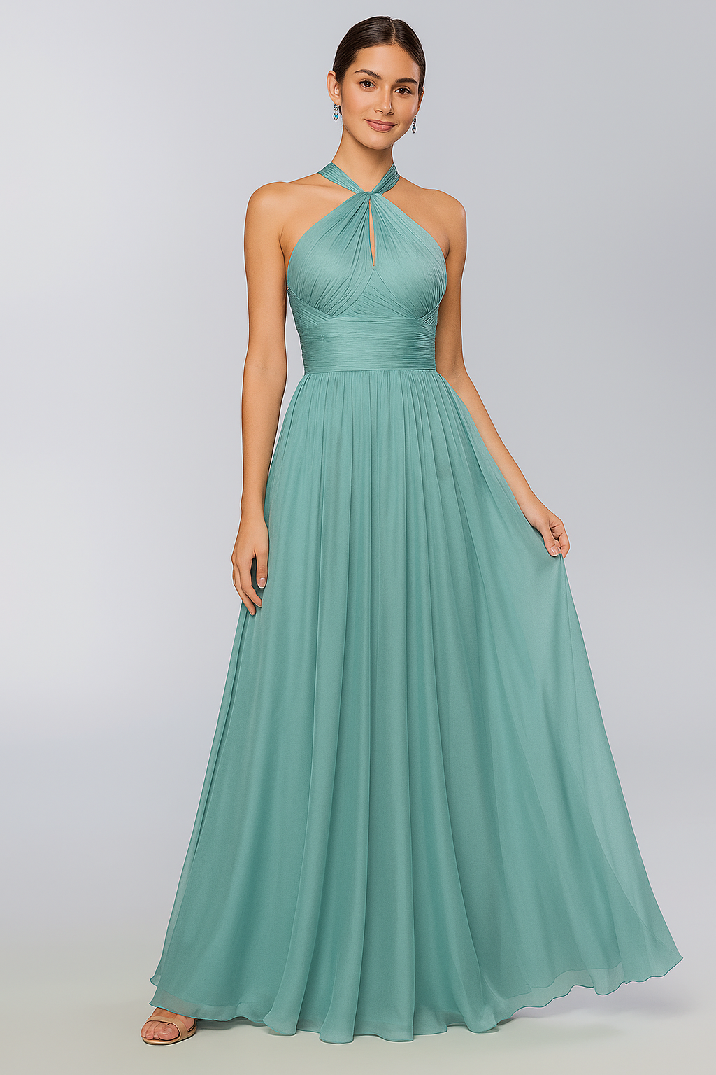 Halter Neck Champagne Bridesmaid Dress – Elegant Chiffon A-Line Floor-Length Gown with Built-in Bra (Customizable) - HER SHOP