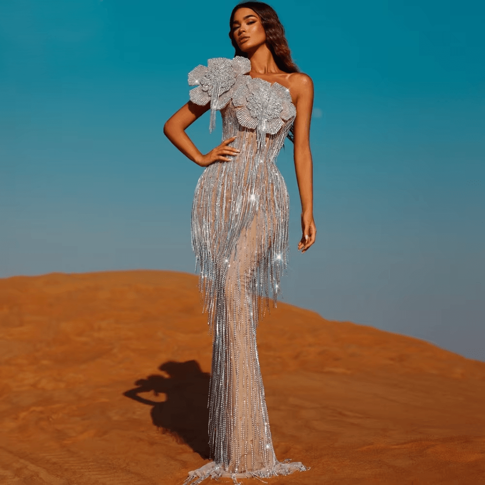 Celebrity-Inspired Luxury One-Shoulder Prom Gown with 3D Flowers, Hand-made Beads & Tassels – Sexy Illusion Evening & Cocktail Dress — HER SHOP