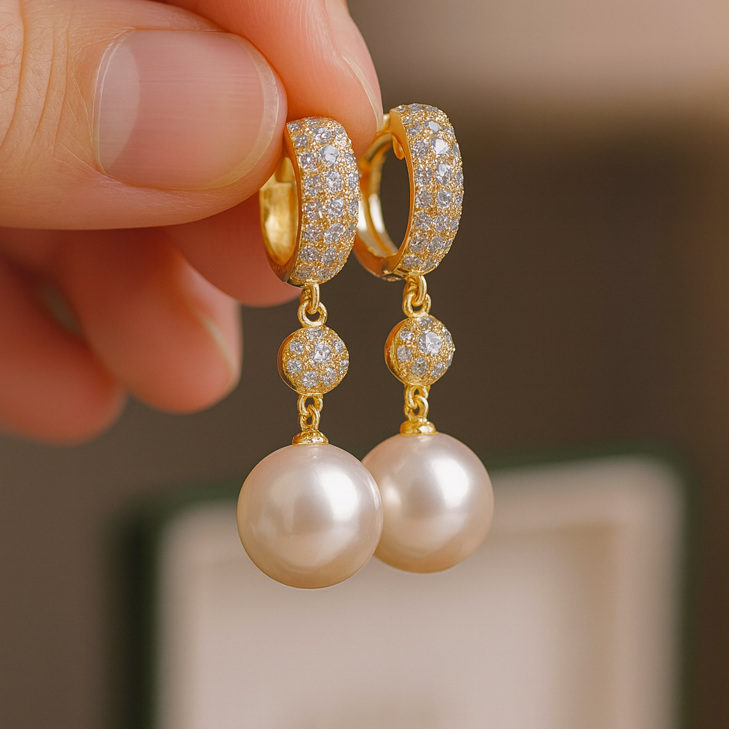 Gold earrings with pearls held by a hand against a blurred background