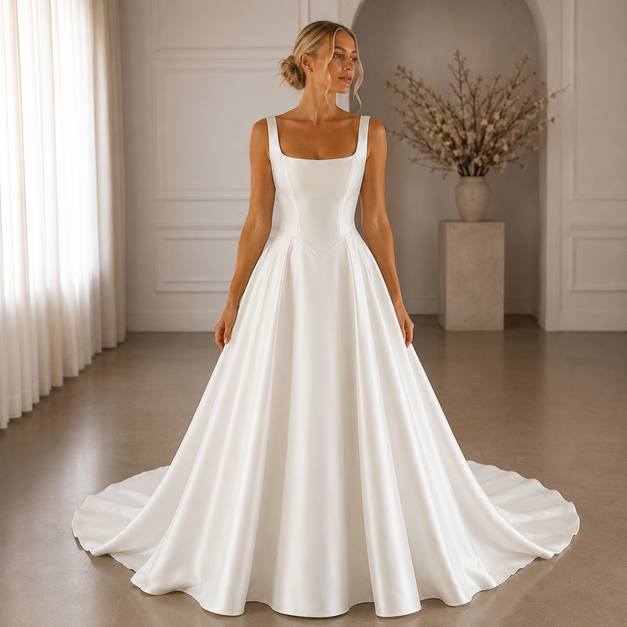 Custom Square-Neck A-Line Wedding Dress with Button Back and Court Train - HER SHOP®