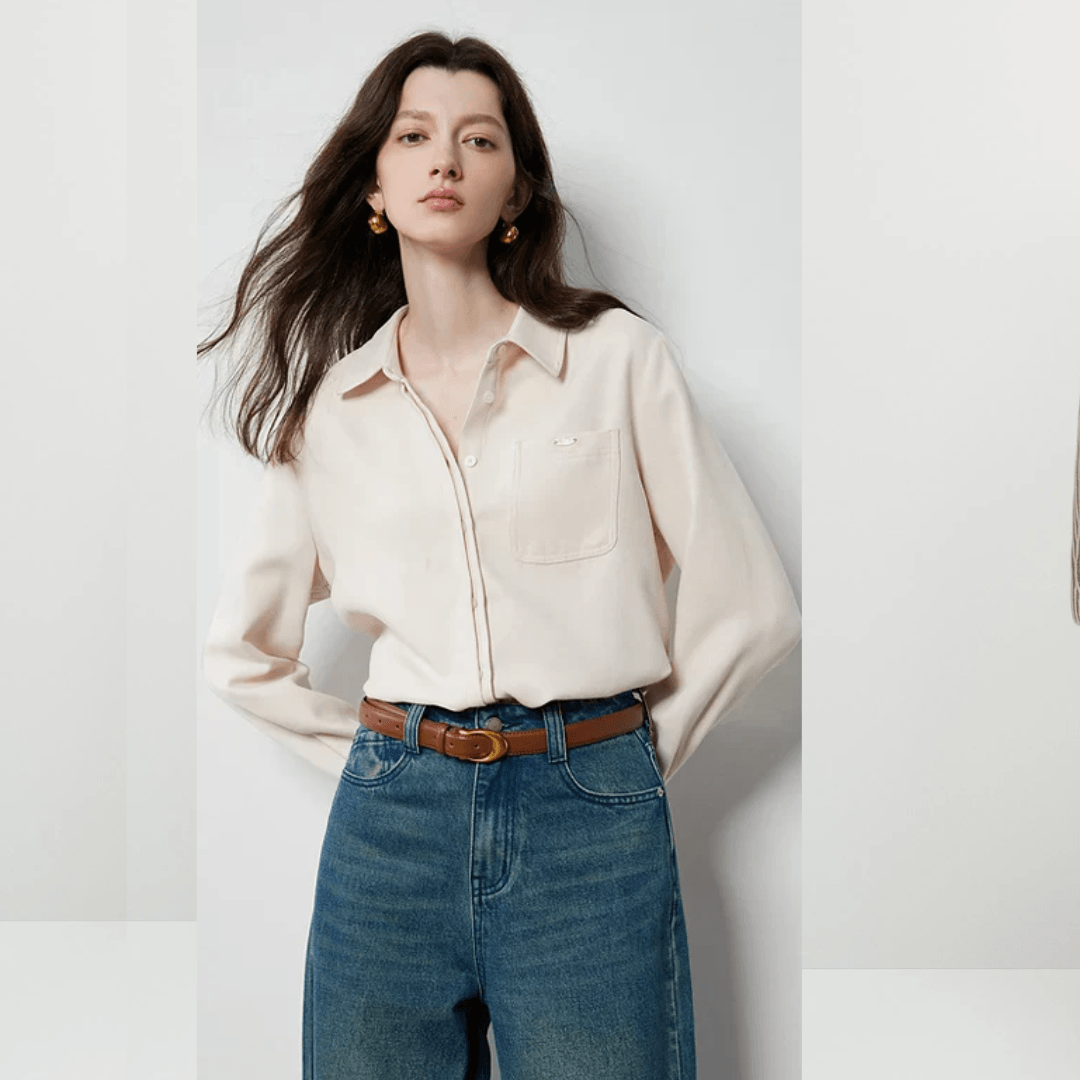 Women's Beige Workwear Blouse – Brushed Long Sleeve Solid Shirt with Turn-Down Collar for Autumn - HER SHOP