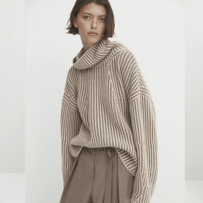 Ethereal MD 2023 Autumn Casual Slouchy High-Neck Short Knit with Color Line Design