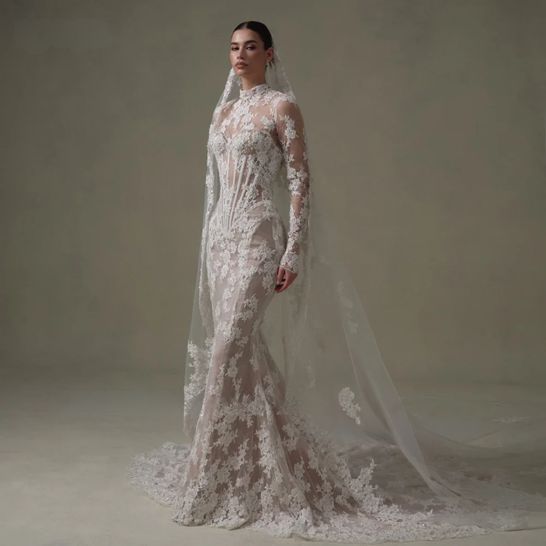 Elegant Vintage Lace Mermaid Wedding Dress with High Collar & Long Sleeves – Custom Backless Bridal Gown - HER SHOP
