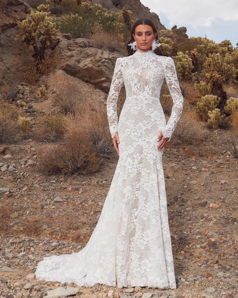 Custom Full Lace Mermaid Wedding Dress Long Sleeves High Neckline Sweep Train - HER SHOP
