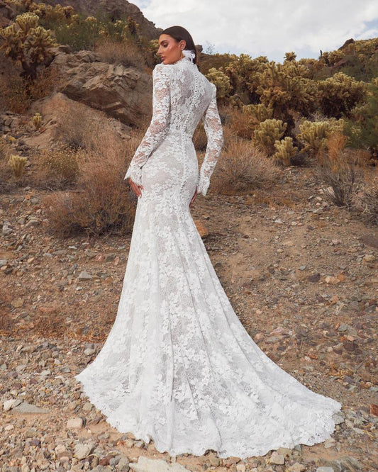 Custom Full Lace Mermaid Wedding Dress Long Sleeves High Neckline Sweep Train - HER SHOP