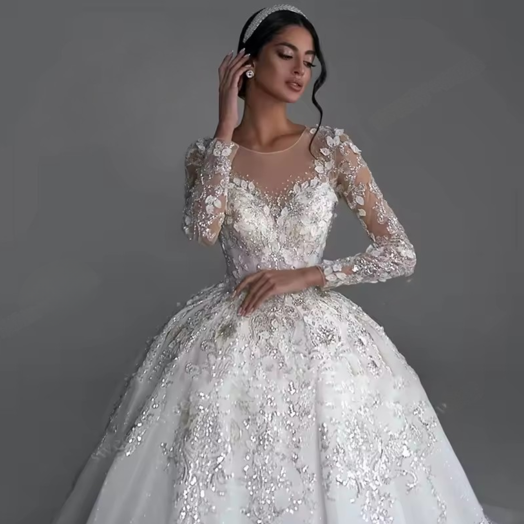 Custom Made White Princess Ball Gown Wedding Dress – Long Sleeves, Sequined Beading & Royal Train - HER SHOP