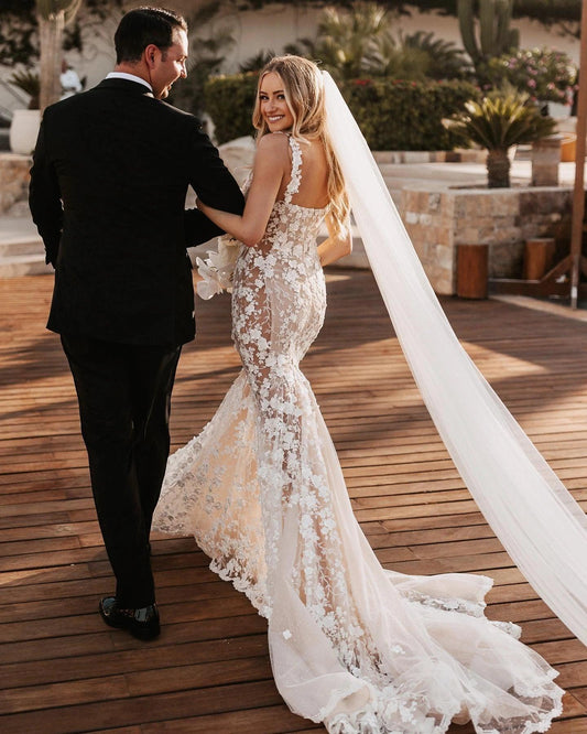 Custom Romantic Mermaid Wedding Dress with V-Neck, Lace Appliques, and 3D Flower Details - Vestido de Novia - HER SHOP
