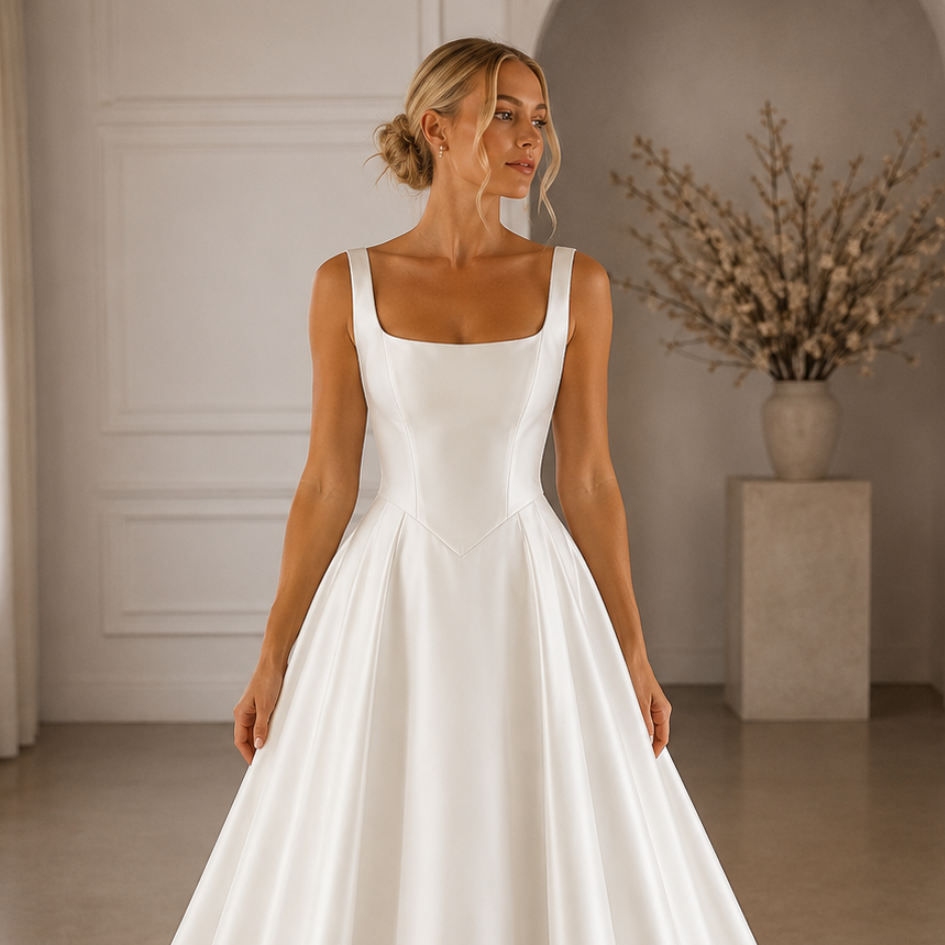 Custom Square-Neck A-Line Wedding Dress with Button Back and Court Train