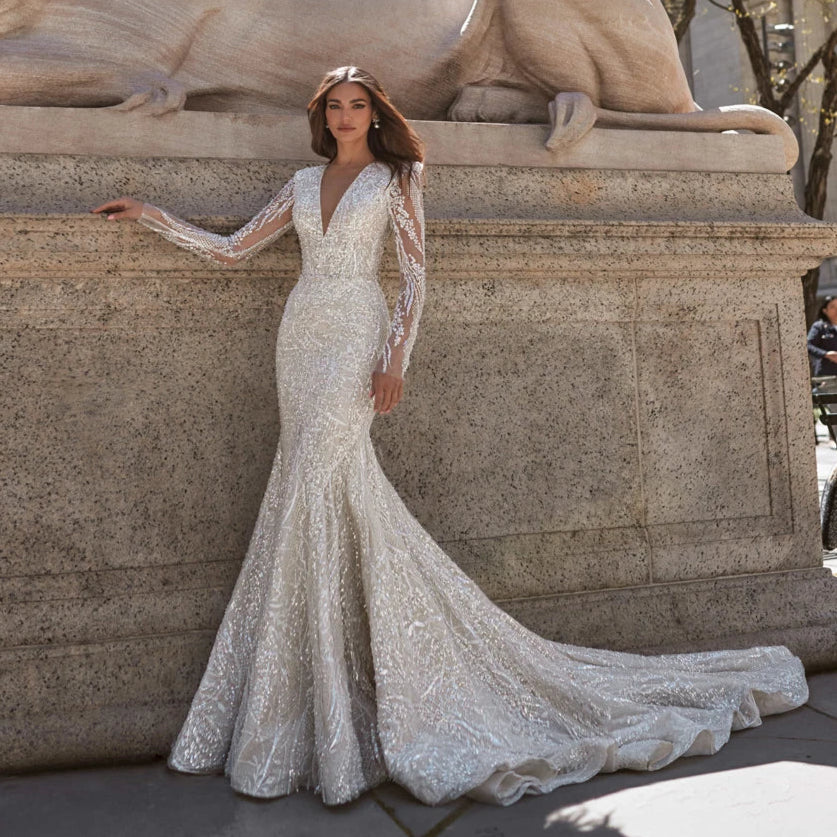 Custom V-Neck Mermaid Wedding Dress with Beaded Embroidery & Lace Appliqués – Elegant Trumpet Bridal Gown - HER SHOP