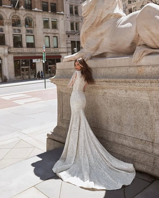 Custom V-Neck Mermaid Wedding Dress with Beaded Embroidery & Lace Appliqués – Elegant Trumpet Bridal Gown - HER SHOP