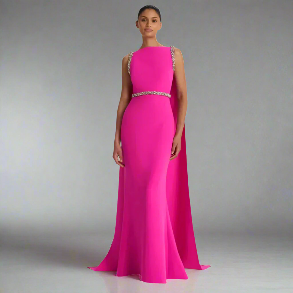 Custom Women's Evening Dress – Boat Collar, Diamond-Embellished, High Waist, Slim Fit with Trailing Design - HER SHOP