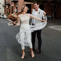 Customized Long-Sleeve Floral Lace Backless Wedding Dress Jumpsuit with Sweep Train