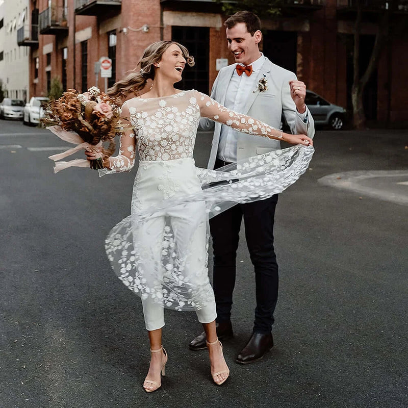 Customized Long-Sleeve Floral Lace Backless Wedding Dress Jumpsuit with Sweep Train
