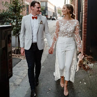Customized Long-Sleeve Floral Lace Backless Wedding Dress Jumpsuit with Sweep Train